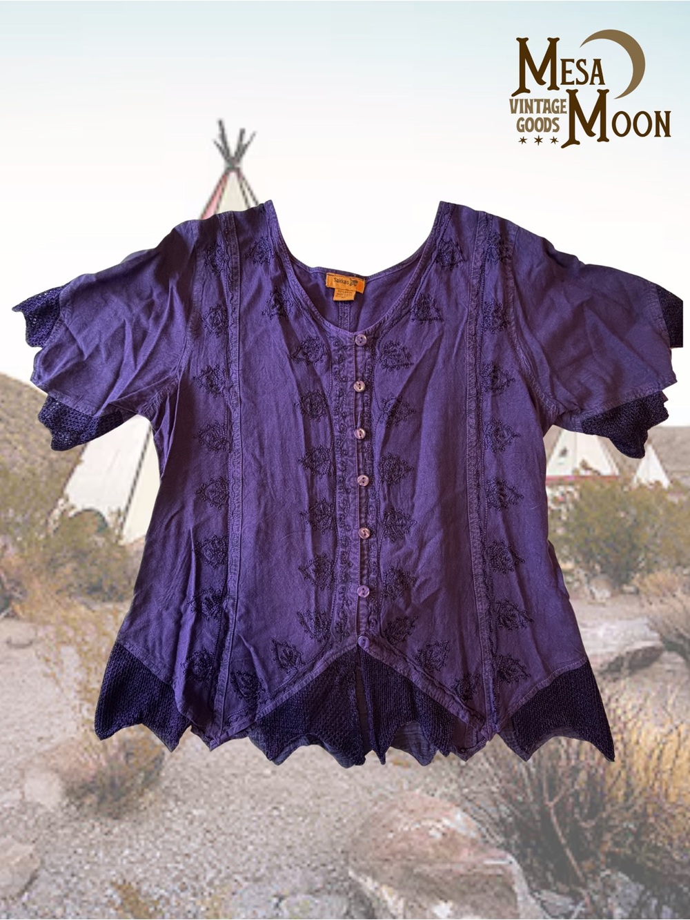 Vintage Boho Purple Button-Front Women's Top